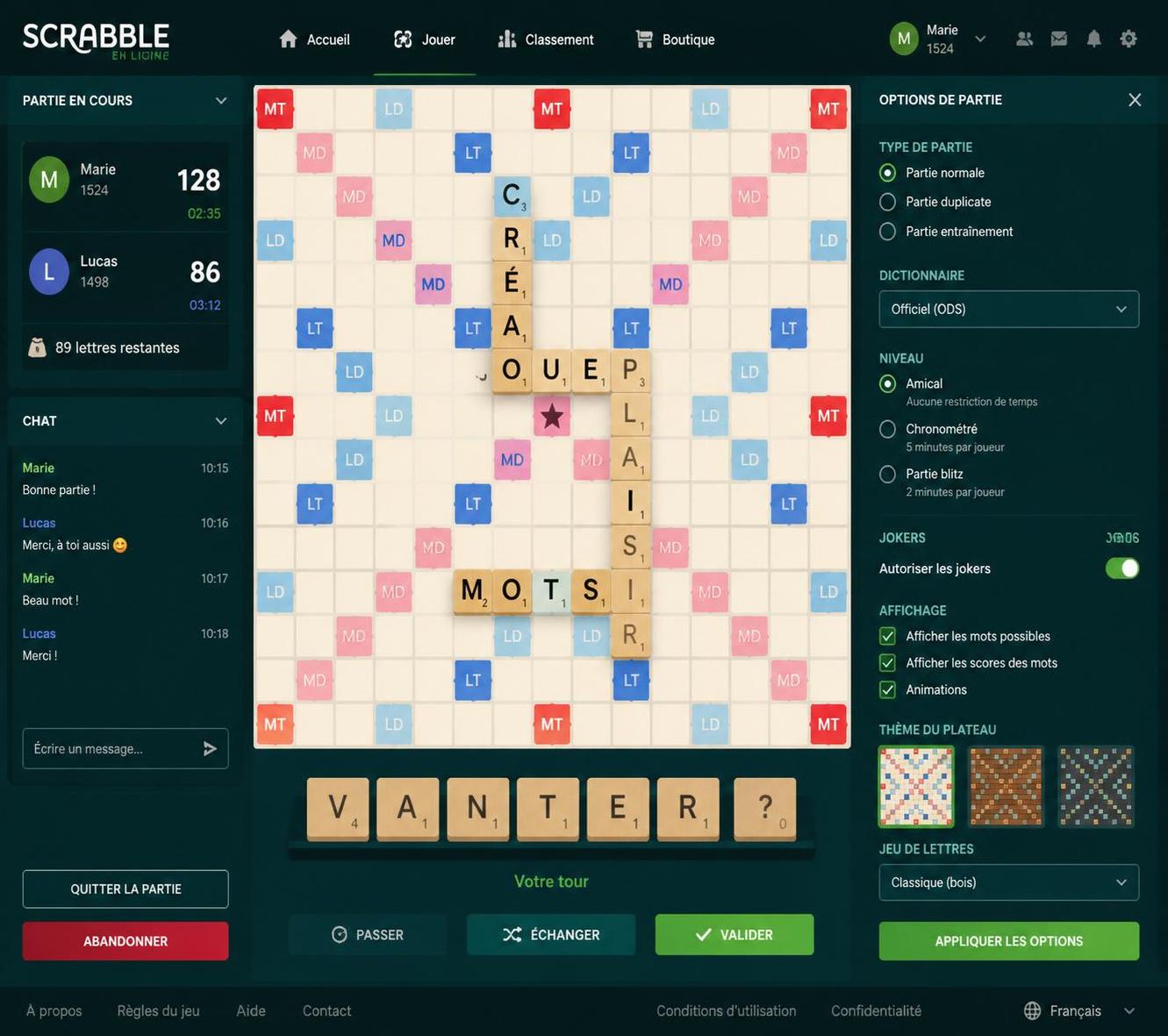 jouez au scrabble en ligne gratuitement et défiez l'ordinateur pour améliorer votre vocabulaire et votre stratégie.