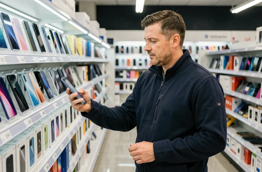 Homme examinant un téléphone à petit prix dans le rayon d'un magasin de téléphonie