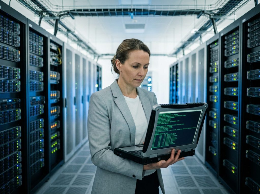 Administratrice systèmes configurant des serveurs dans un datacenter moderne avec un terminal de gestion IT