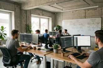 Bureau d'une agence WordPress moderne dans le Val-d'Oise avec des développeurs travaillant sur des projets web