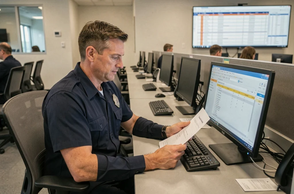 Ambulancier comparant un planning papier et un logiciel de gestion des gardes dans un centre de dispatch