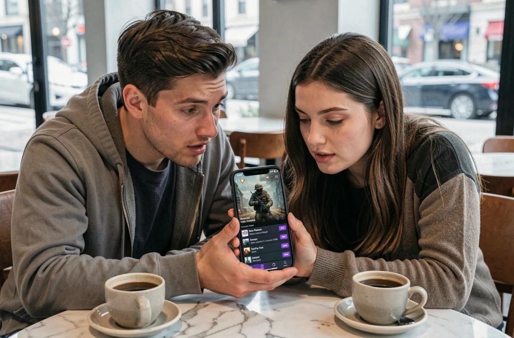 Deux amis vérifiant ensemble l'historique d'achat Valorant sur smartphone dans un café