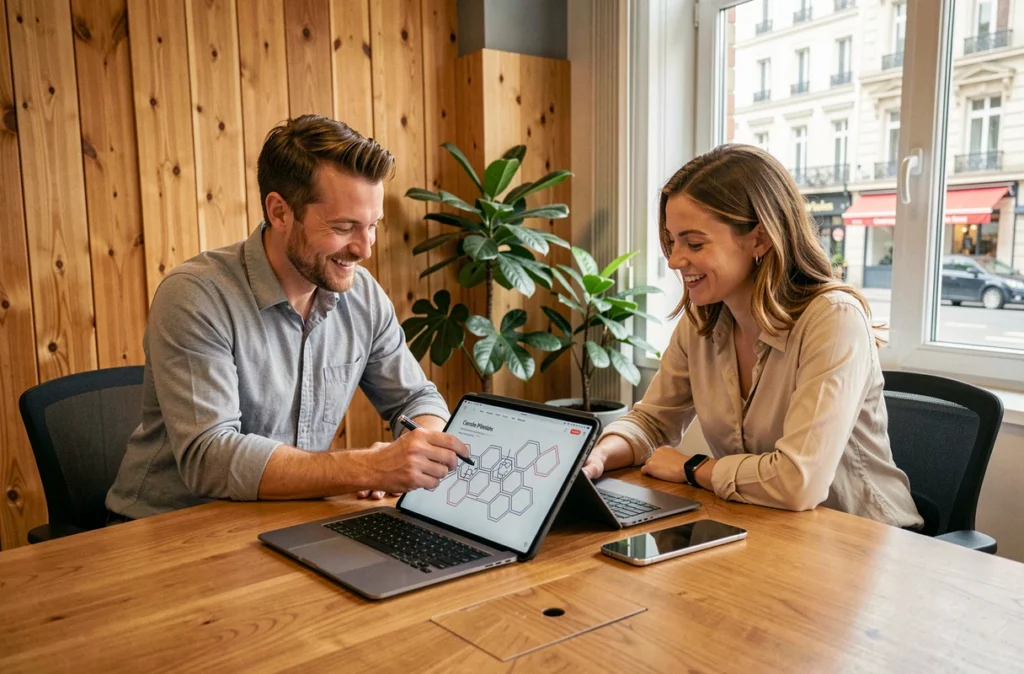 Équipe d'AmphiBee collaborant sur un projet WordPress autour d'une table de conférence