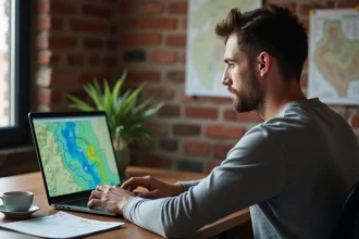Homme analysant des traces GPS fusionnées sur un ordinateur portable dans un bureau à domicile
