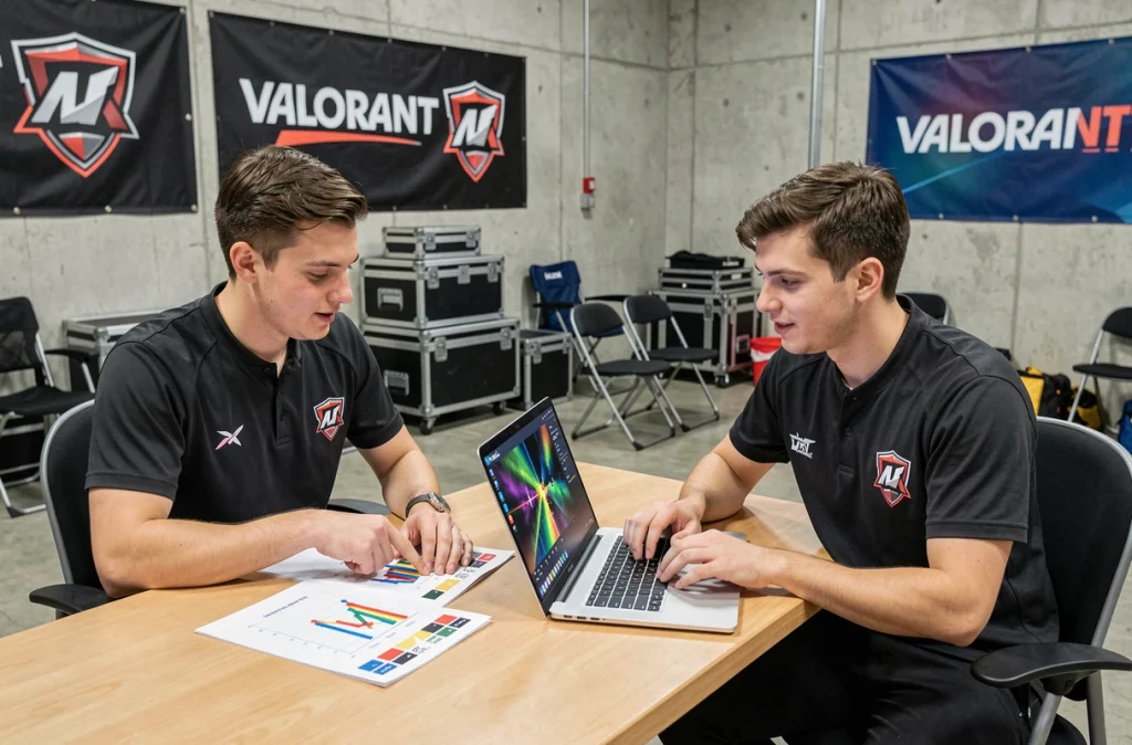 Deux analystes esport discutant des données de sensibilité souris d'un joueur VALORANT professionnel lors d'un tournoi