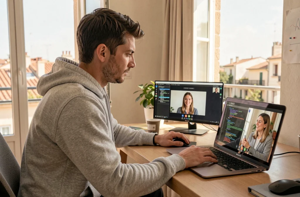 Technicien d'Appliandweb effectuant un dépannage informatique à distance pour un client depuis un bureau à Marseille