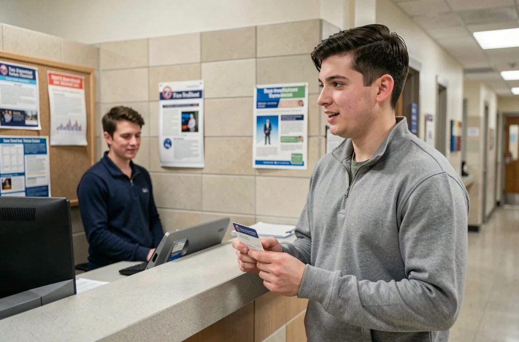 Étudiant au guichet d'assistance informatique d'une université pour récupérer l'accès à son compte Zimbra