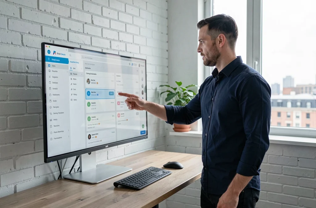 Homme utilisant un tableau de bord d'automatisation des e-mails dans un bureau à domicile minimaliste