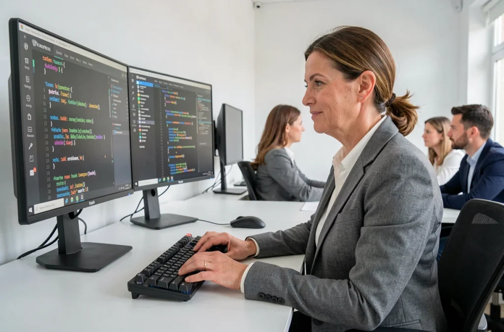 Développeuse de BeAPI codant des extensions WordPress dans un bureau professionnel moderne