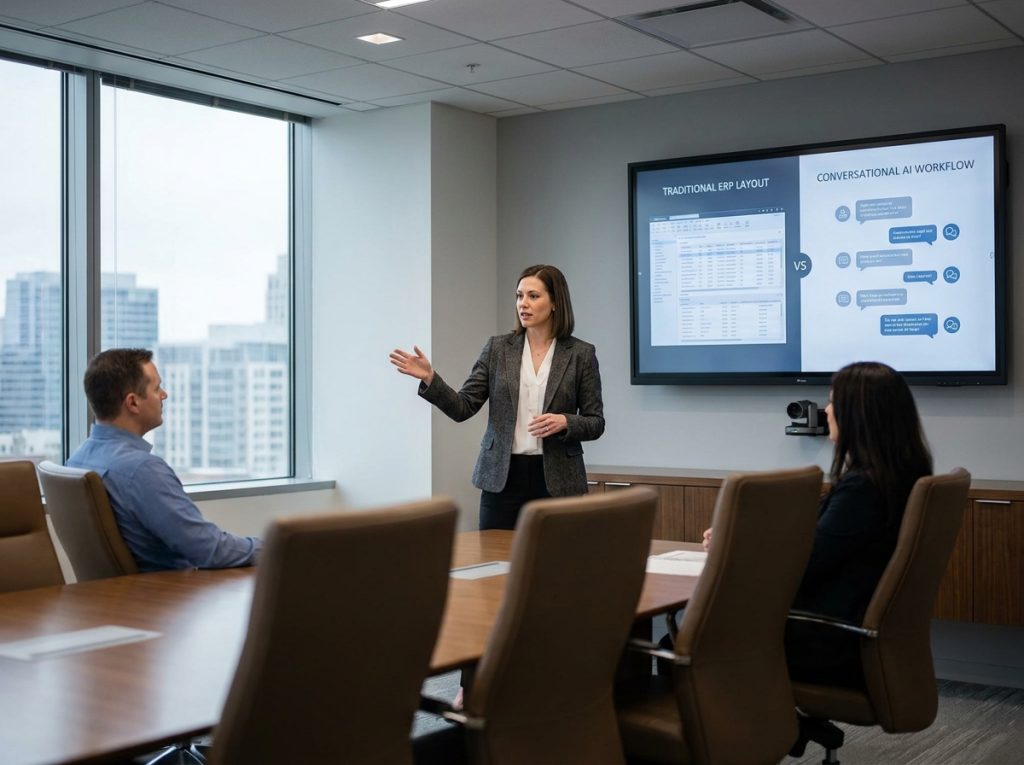 Femme cadre présentant une comparaison entre logiciels ERP traditionnels et intelligence artificielle en salle de réunion
