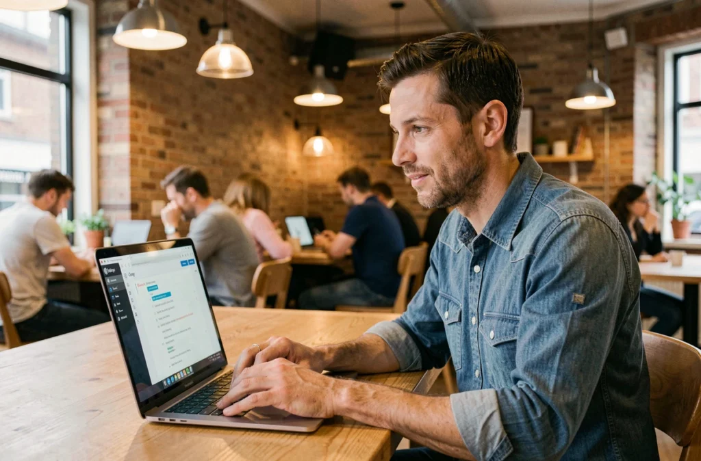 Développeur de Cergy Web Design travaillant sur un projet WordPress dans un espace de coworking de Cergy