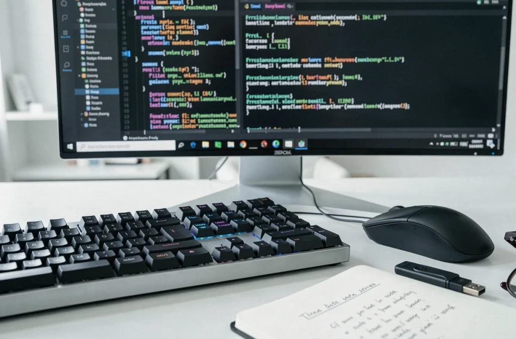 Bureau avec clavier et écran affichant le chemin du fichier de marques-pages Firefox sur PC