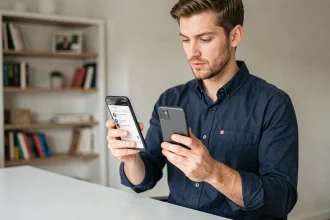 Homme comparant deux smartphones Samsung Galaxy S23 et S23 FE tenus côte à côte dans un bureau moderne