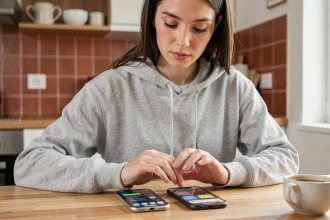 Jeune femme comparant deux smartphones à moins de 200 euros sur une table en bois dans une cuisine moderne