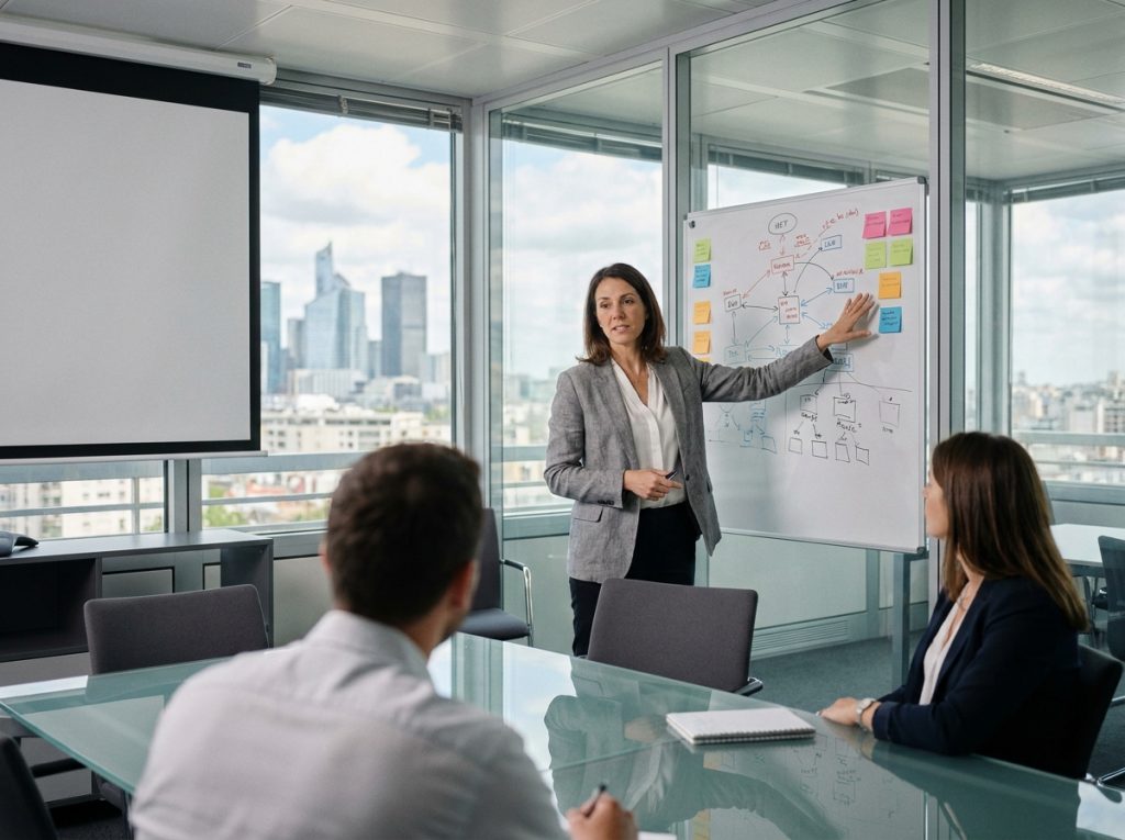 Consultante informatique présentant une architecture réseau à ses collègues dans une salle de réunion vitrée à La Défense