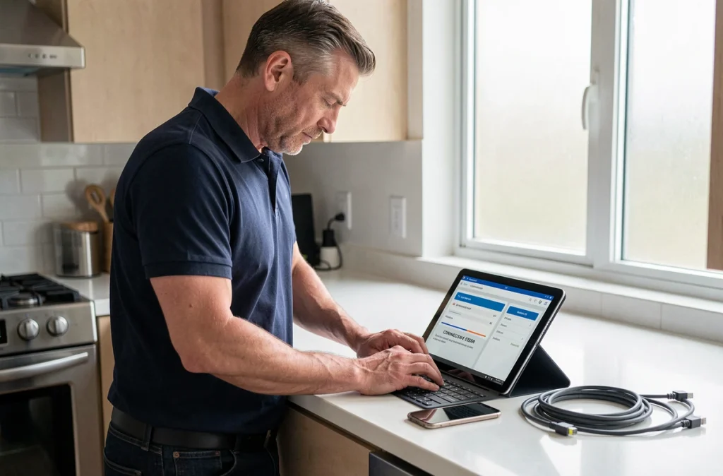 Homme consultant une interface de diagnostic réseau sur tablette avec un câble ethernet sur le comptoir de cuisine