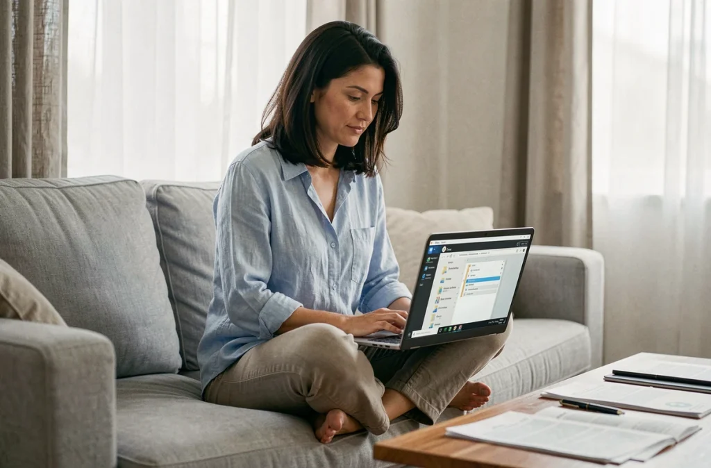 Femme explorant le dossier de profil Firefox dans l'explorateur de fichiers Windows sur un laptop