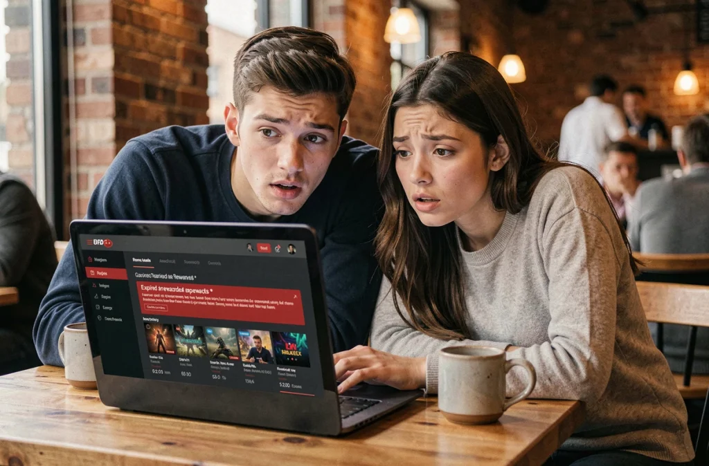 Deux joueurs déçus devant un tableau de bord gaming montrant des récompenses expirées dans un café