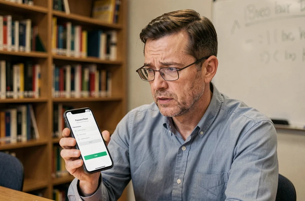 Enseignant consultant son téléphone pour récupérer ses identifiants de connexion Convergence ac Grenoble