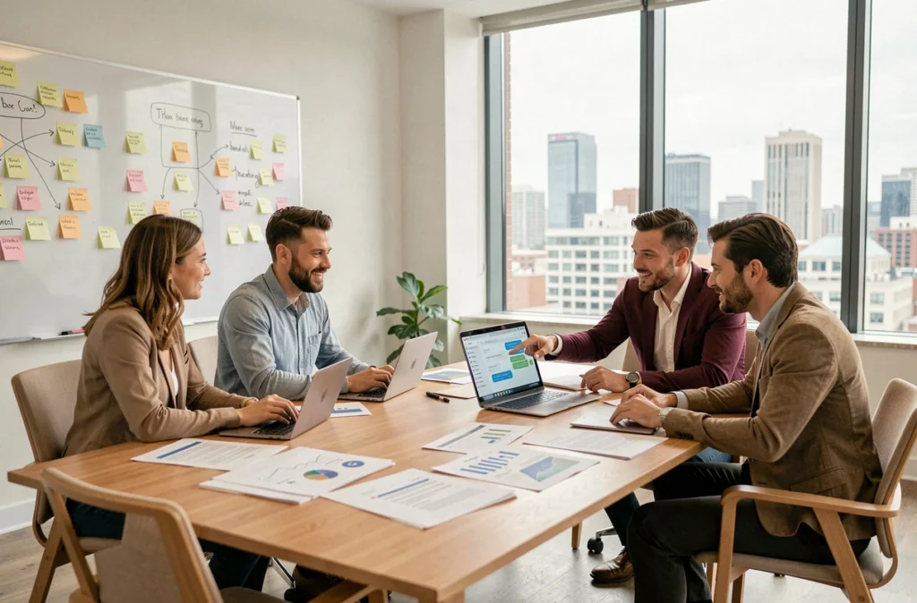 Une équipe professionnelle collabore autour d'une table de réunion avec des outils d'intelligence artificielle comme Claude pour optimiser la productivité et les processus d'entreprise.