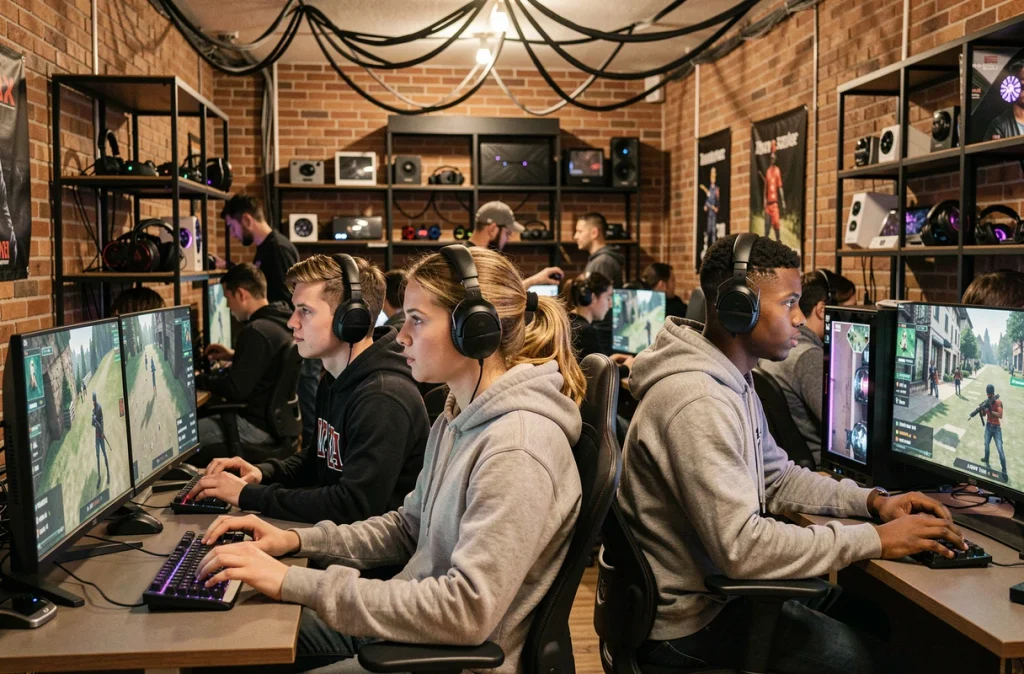 Équipe de joueurs CS2 dans un LAN café illustrant les rôles in-game et la coordination d'équipe