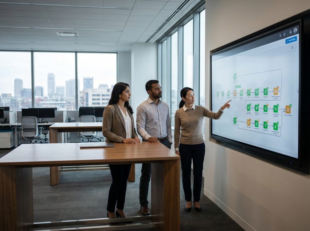 Équipe IT collaborant autour d'un écran mural affichant un workflow d'automatisation dans un centre d'opérations