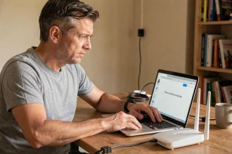 Homme frustré assis devant un ordinateur portable affichant une erreur réseau avec un routeur Wi-Fi posé sur le bureau