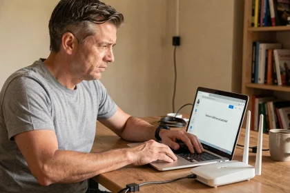 Homme frustré assis devant un ordinateur portable affichant une erreur réseau avec un routeur Wi-Fi posé sur le bureau