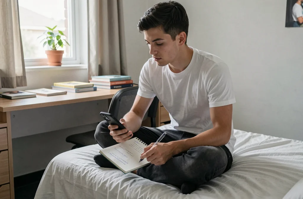 Étudiant assis sur son lit en train de prendre des notes pour choisir un smartphone économique