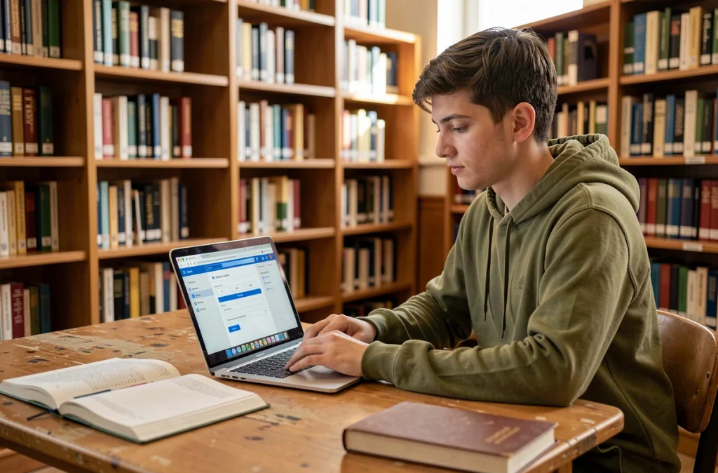Étudiant configurant un client mail sur laptop dans une bibliothèque universitaire avec champs de serveur visibles