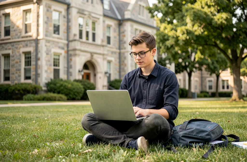 Étudiant consultant sa messagerie Mailo sur un campus universitaire en plein air