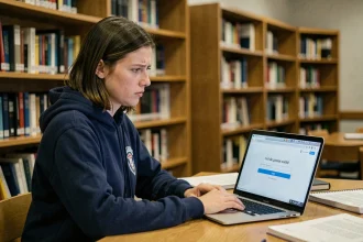 Étudiante frustrée devant un portail de connexion Zimbra université sur son ordinateur portable en bibliothèque