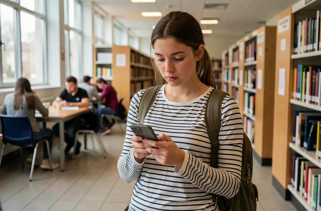 Étudiante consultant sa messagerie académique Grenoble sur smartphone dans une bibliothèque universitaire