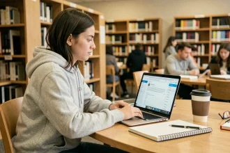 Étudiante utilisant NetCourrier Mailo sur son ordinateur portable dans une bibliothèque universitaire