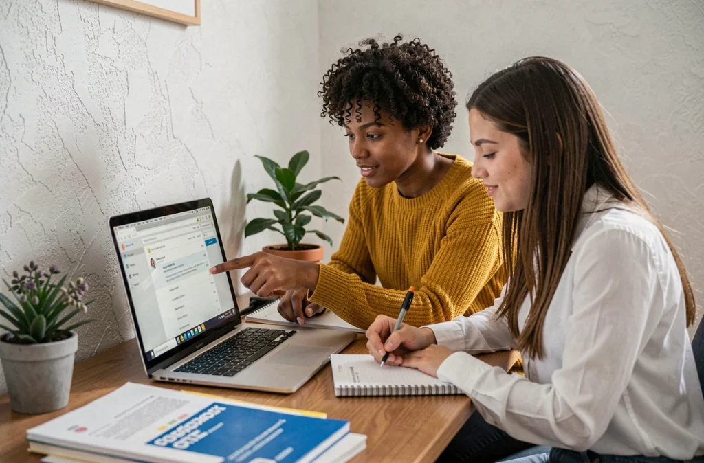 Deux étudiantes consultant ensemble leur boîte mail Mailo sur un ordinateur portable