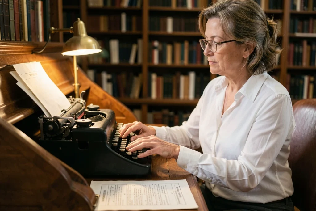 Femme pratiquant la dactylo sur une machine à écrire rétro dans une bibliothèque, avec feuille d'exercice