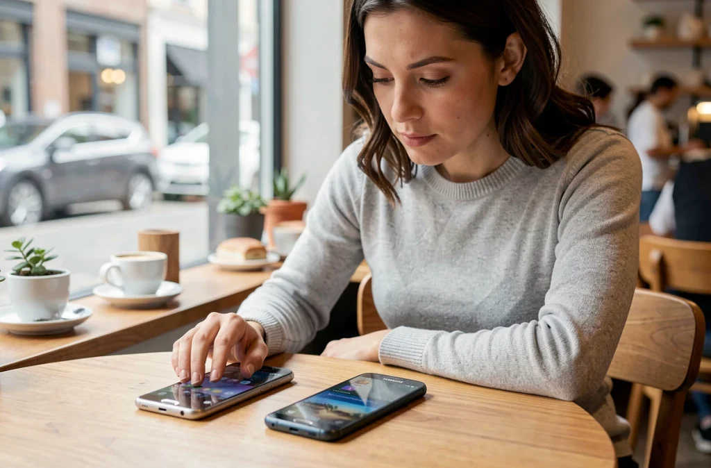 Femme assise dans un café comparant les écrans du Samsung Galaxy S23 et du S23 FE posés sur une table en bois