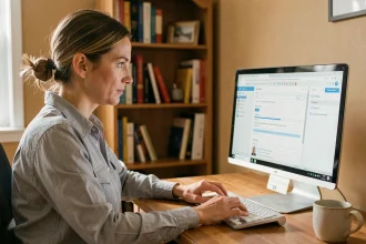 Femme configurant Outlook sur un ordinateur de bureau dans un bureau à domicile