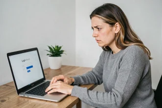 Femme devant un écran d'ordinateur portable avec une page de connexion oubliée sur Convergence ac Grenoble