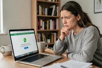Femme frustrée devant un ordinateur portable affichant une erreur de connexion WhatsApp Web à son bureau à domicile