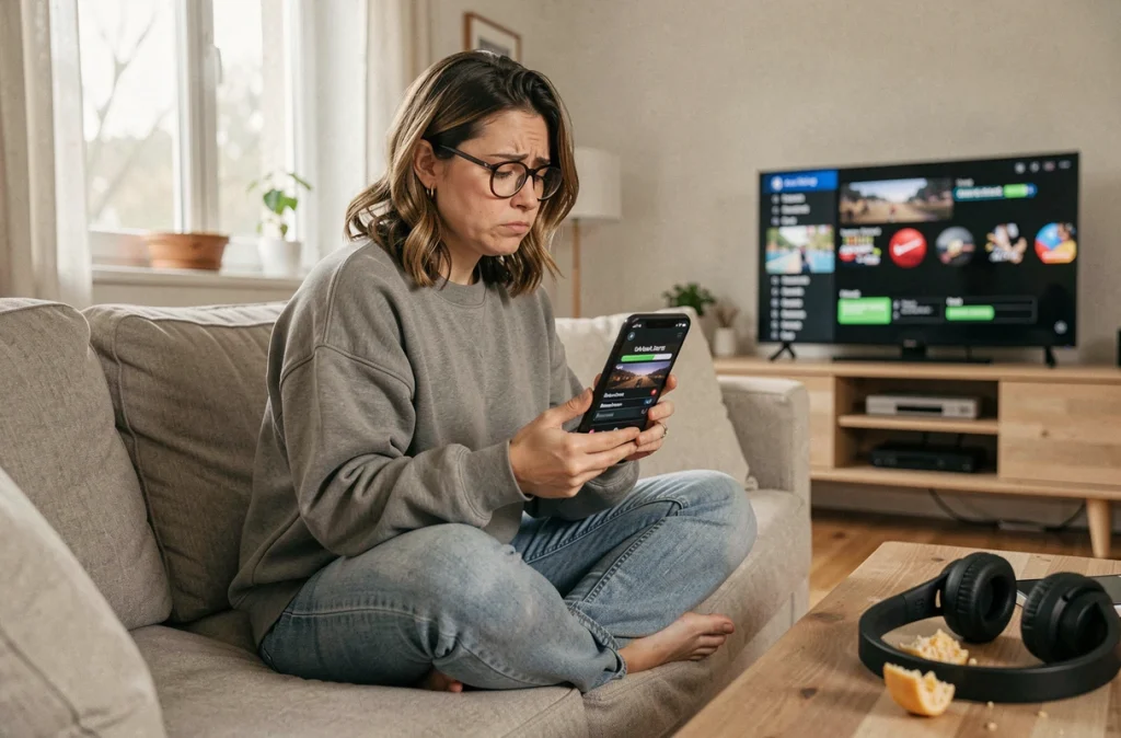 Femme frustrée jouant à un jeu mobile sur canapé, barre de progression bloquée et récompenses non réclamées