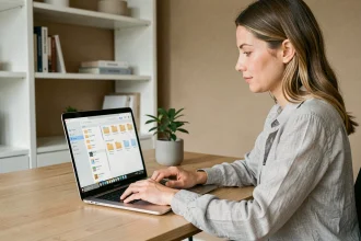 Femme organisant ses fichiers numériques dans le cloud sur un ordinateur portable dans un bureau à domicile minimaliste