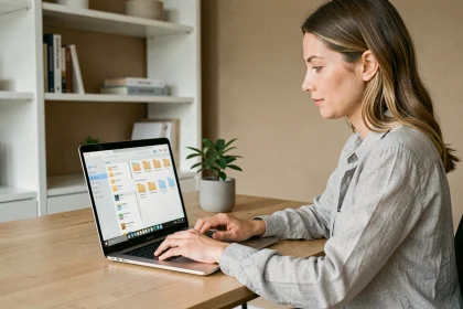 Femme organisant ses fichiers numériques dans le cloud sur un ordinateur portable dans un bureau à domicile minimaliste