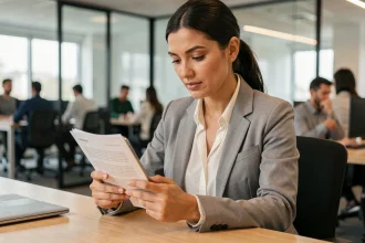 Femme professionnelle lisant un document PDF sur smartphone Android au bureau