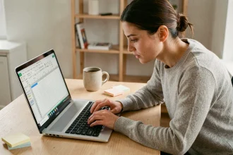 Femme utilisant des raccourcis clavier sur un tableur Excel à son bureau