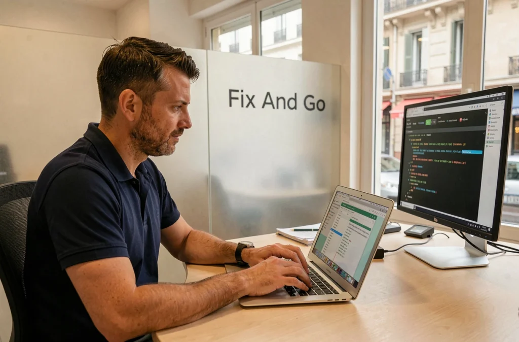 Technicien de Fix And Go effectuant un diagnostic informatique sur un MacBook Air dans leur atelier à Marseille