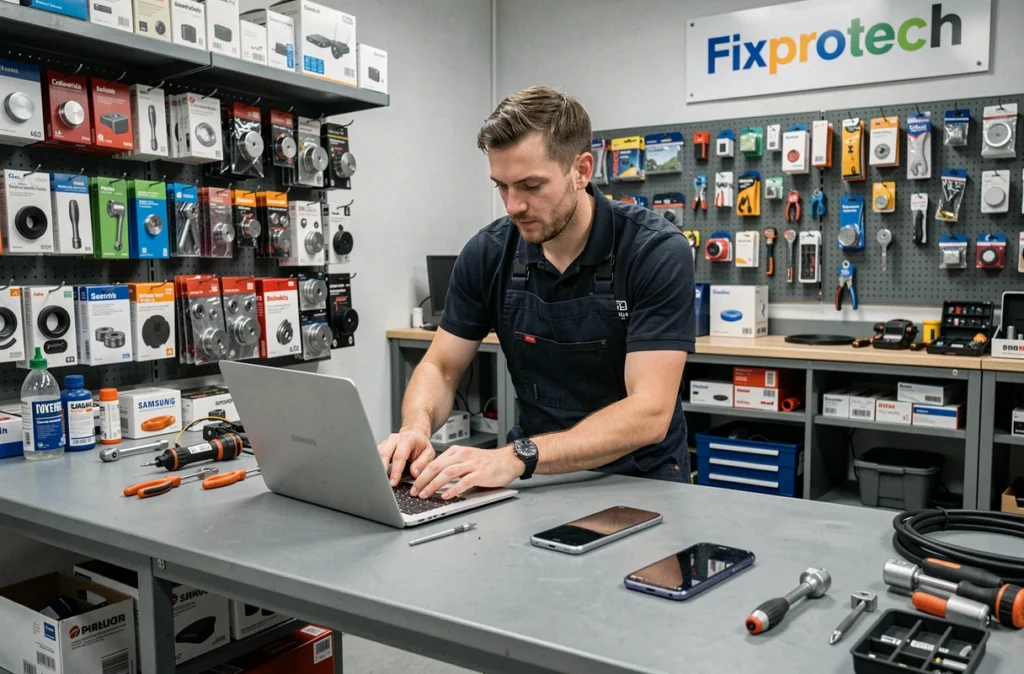 Technicien de Fixprotech réparant simultanément plusieurs appareils de différentes marques dans leur atelier multimarque à Marseille