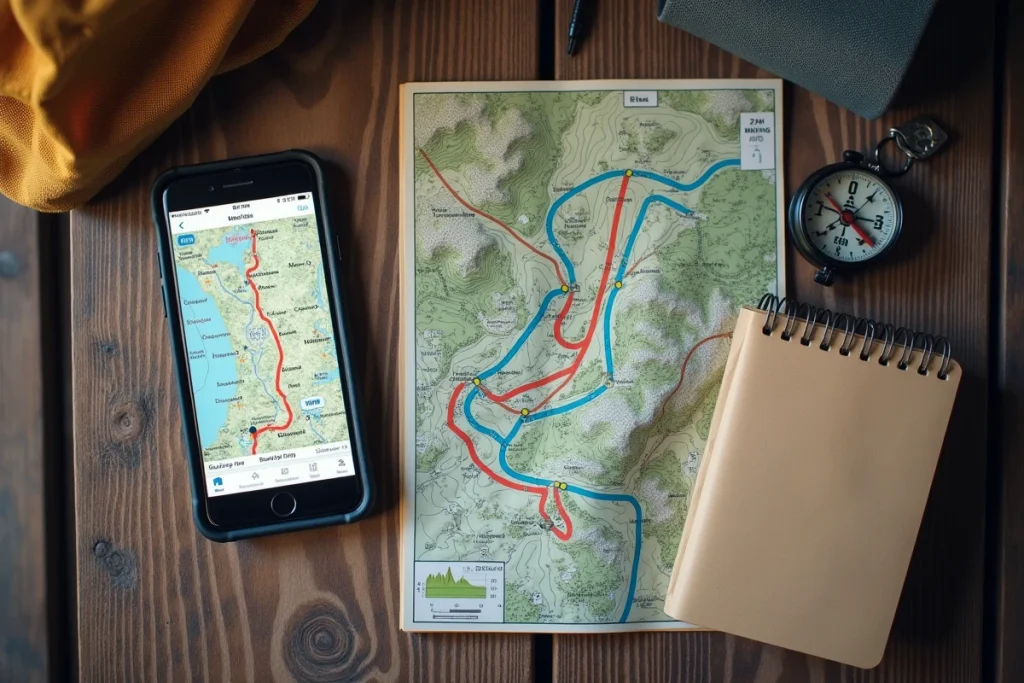 Vue de dessus d'un smartphone avec application GPS, carte topographique et boussole sur une table en bois en montagne