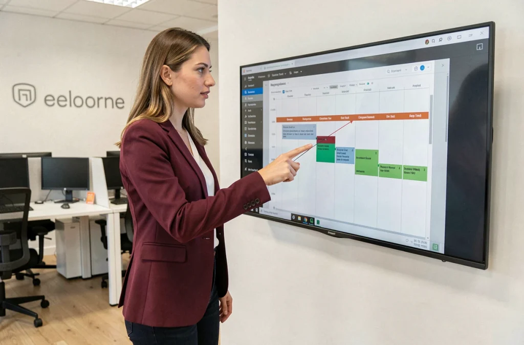 Chef de projet IT de FLG Concept présentant un planning de déploiement informatique sur un écran dans un bureau moderne
