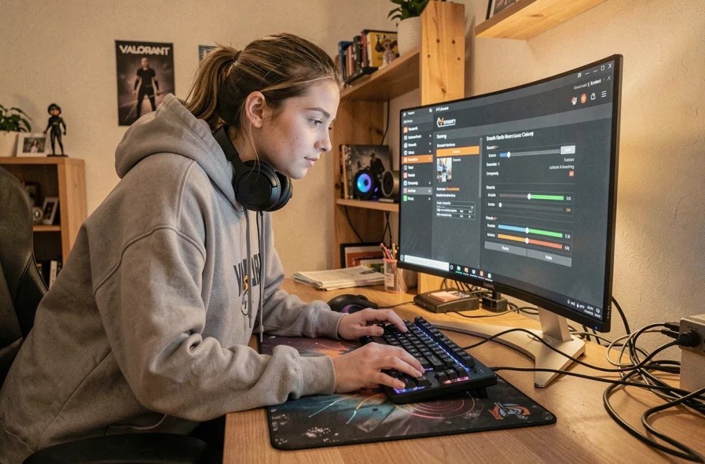 Gameuse professionnelle hésitant à modifier sa sensibilité VALORANT en cours de compétition depuis son setup gaming à domicile